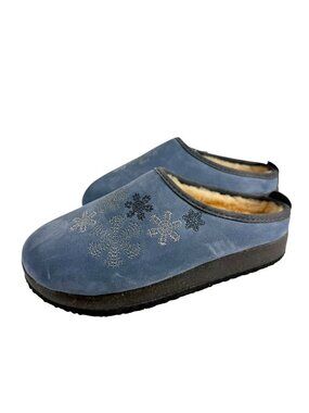 L.L. Bean Women's Size 7 Blue Suede Snowflake Shearling Slippers Clog NEW